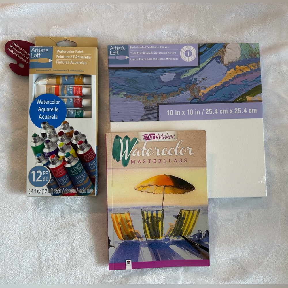 watercolor painting bundle. Paint, instructional book and canvas.
